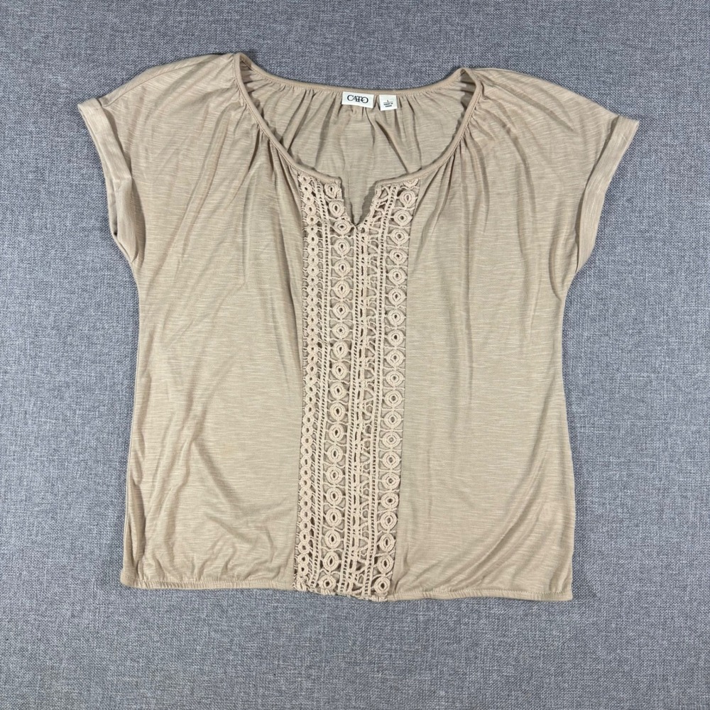 Cato Crochet Lace Top Women Large Tan Boho Coastal Slub Knit Blouse Cottagecore